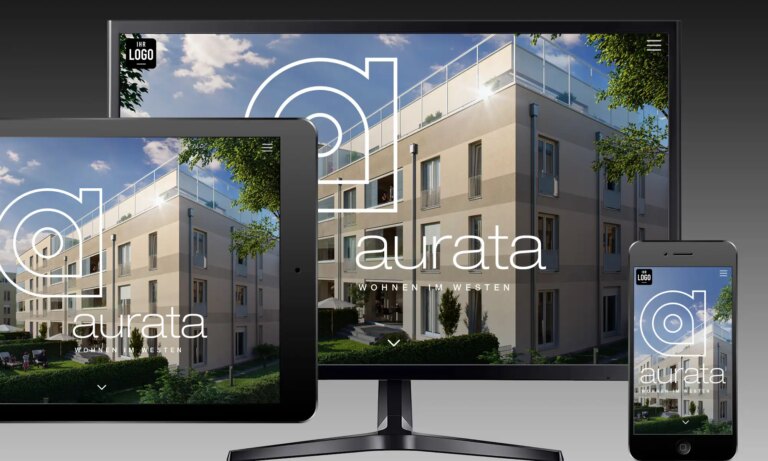 Beispieldarstellung einer Immobilienwebsite auf Tablet, Desktop und Smartphone