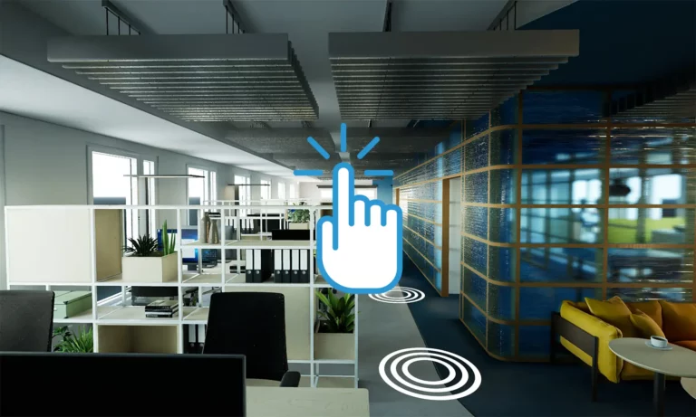 Screenshot eines Virtuellen Rundgangs durch ein Büro mit Hand-Icon und Hotspotgrafiken